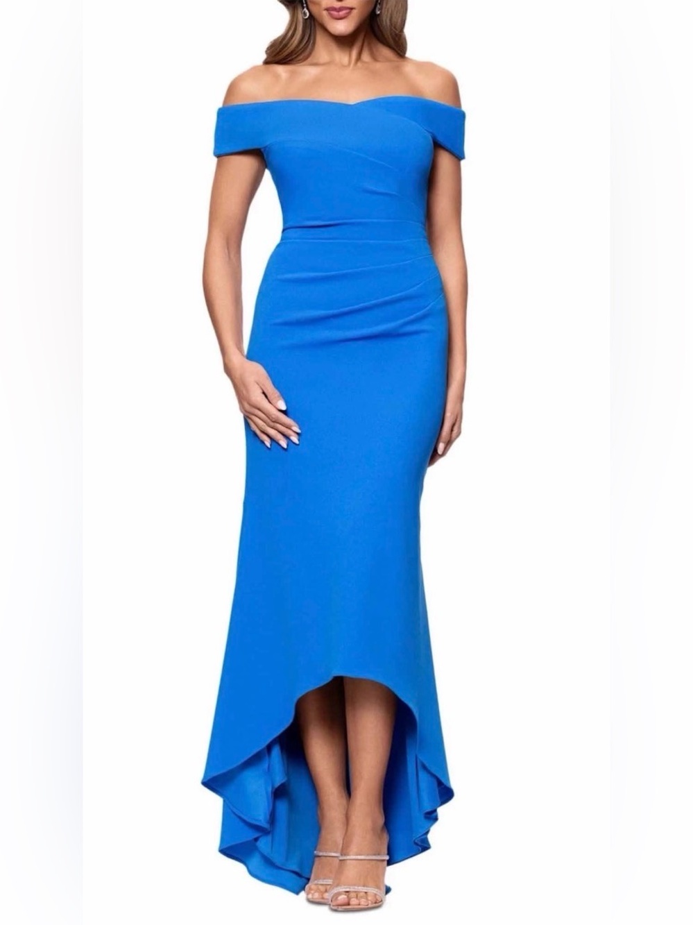 Xscape Royal Blue Off-Shoulder High-Low Gown